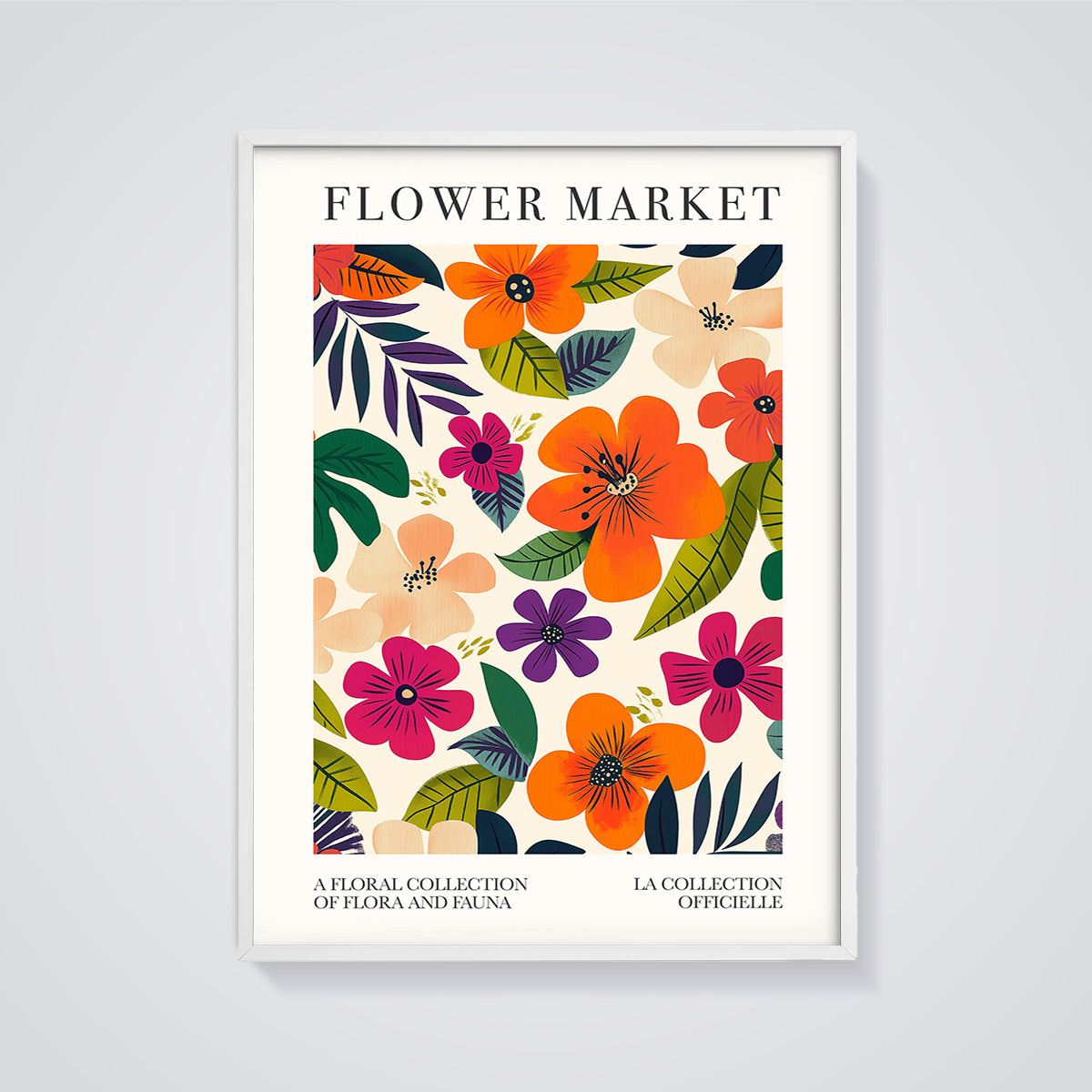 Flower Market Floral Print framed in white on a grey background