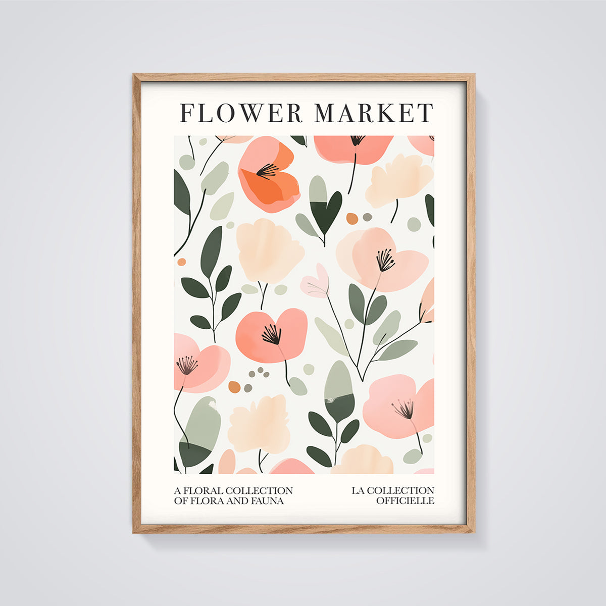 Flower Market Floral Print Poster framed in oak on a grey background