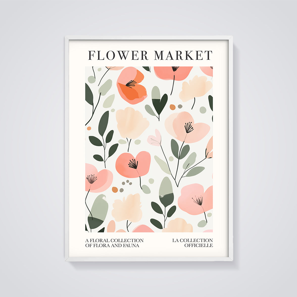 Flower Market Floral Print Poster framed in white on a grey background