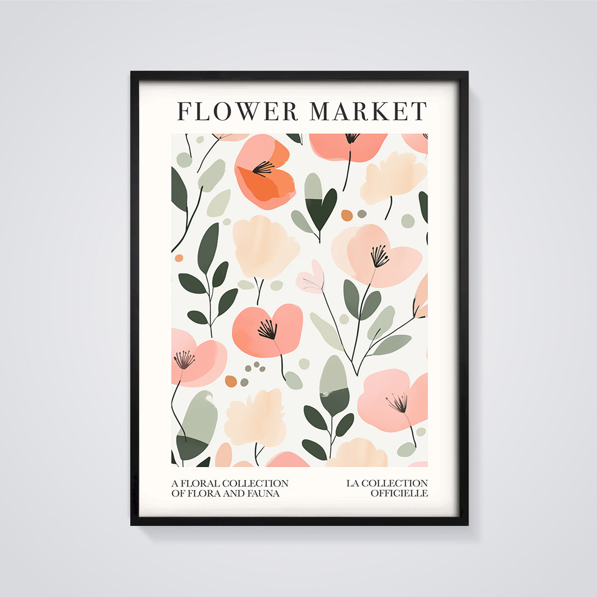 Flower Market Floral Print Poster framed in black on a grey background