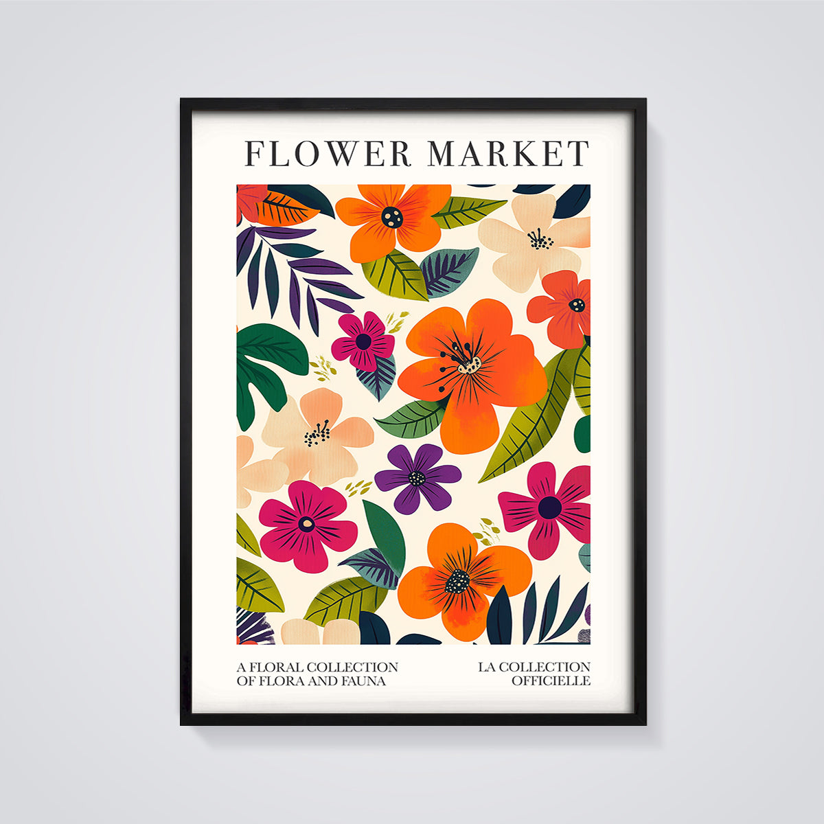 Flower Market Floral Print framed in black on a grey background