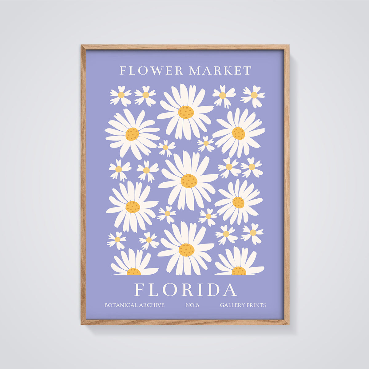 Flower Market Florida Daisies Print framed in oak on a grey background