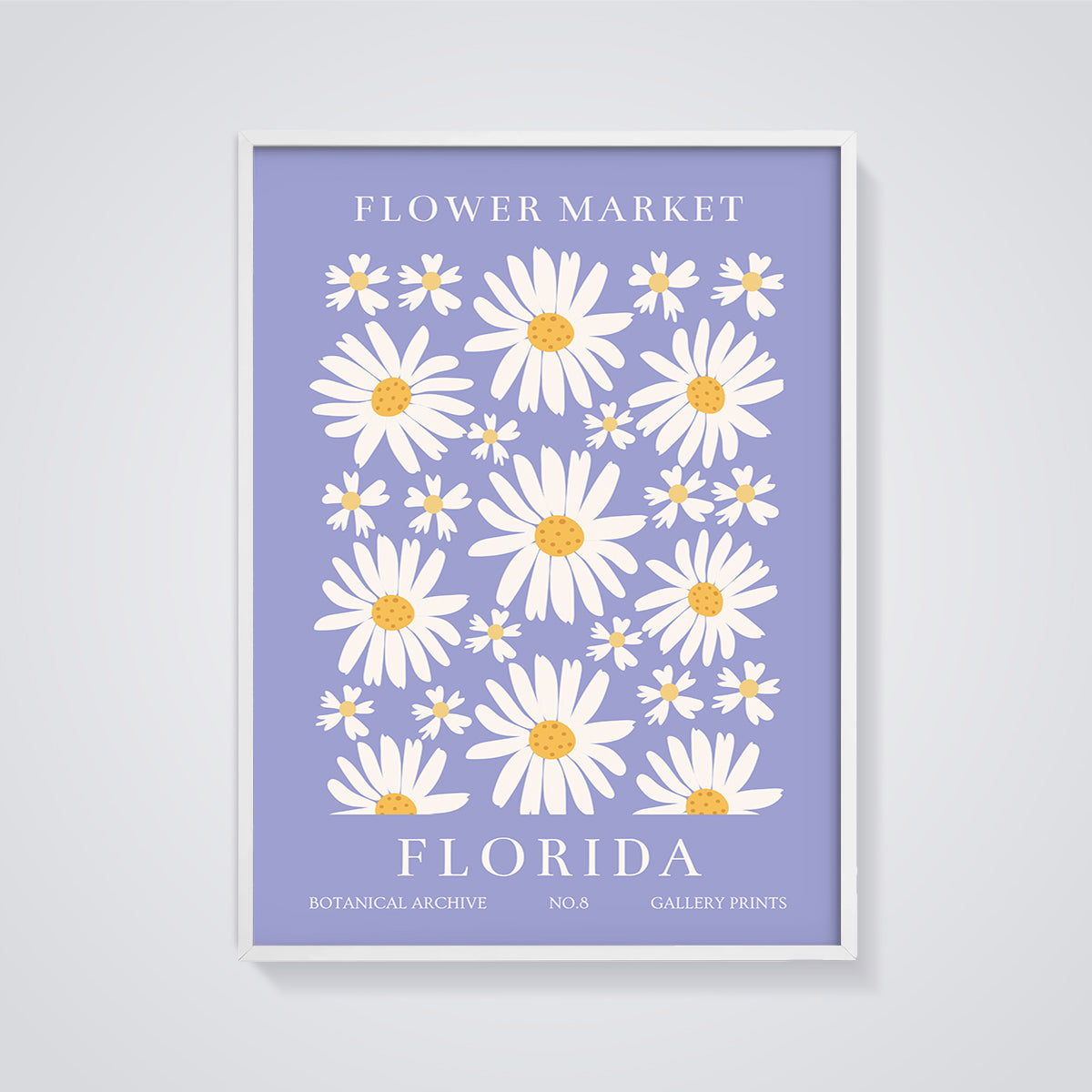 Flower Market Florida Daisies Print framed in white on a grey background