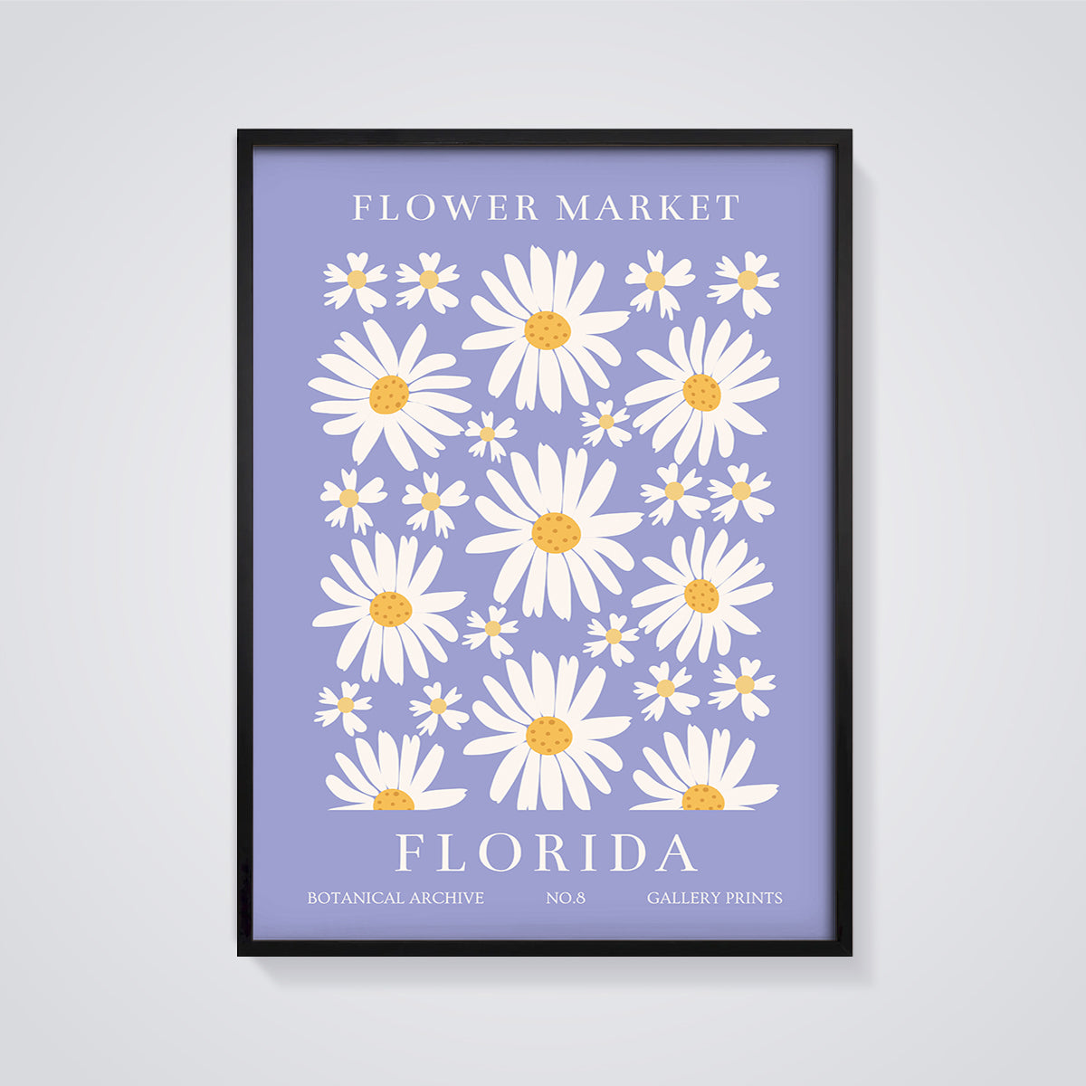 Flower Market Florida Daisies Print framed in black on a grey background