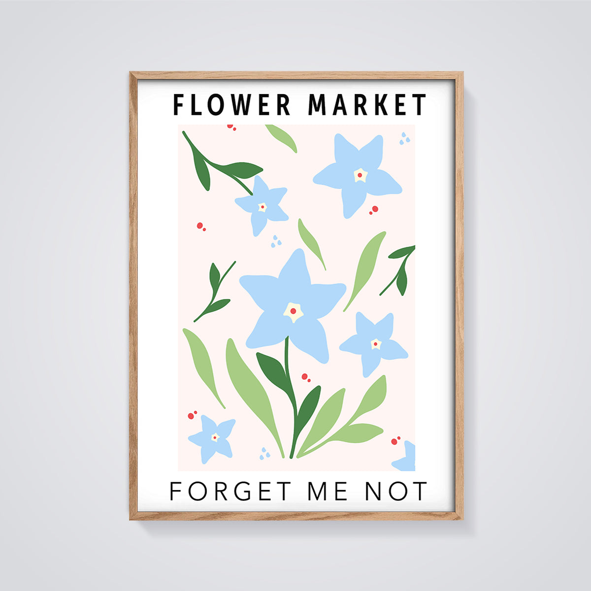 Flower Market Forget Me Not Print framed in oak on a grey background
