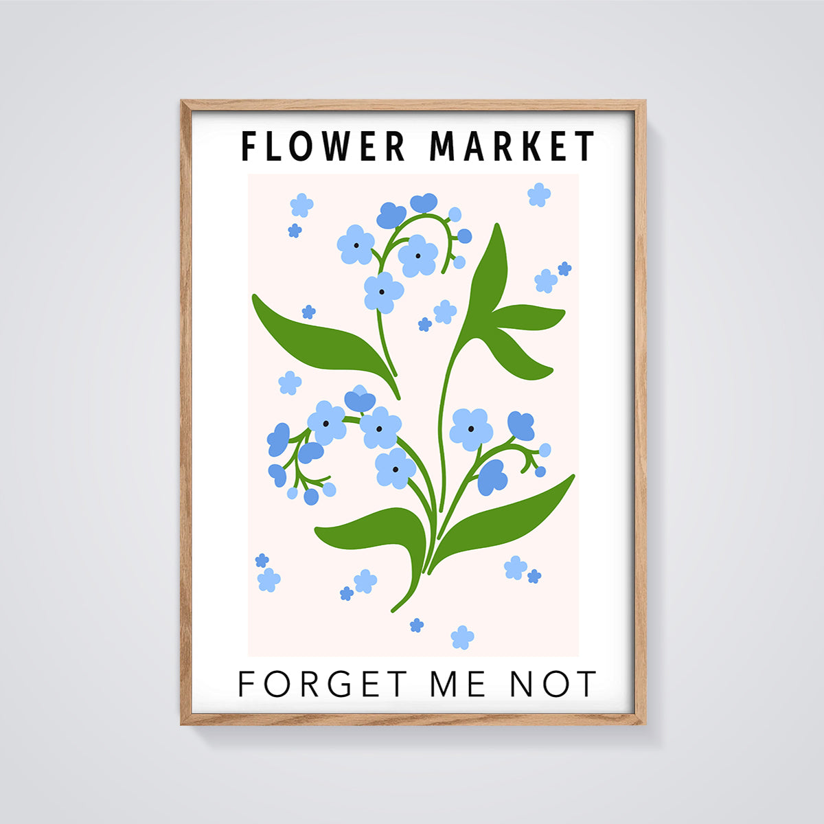 Flower Market Forget Me Not Print Aesthetic framed in oak on a grey background