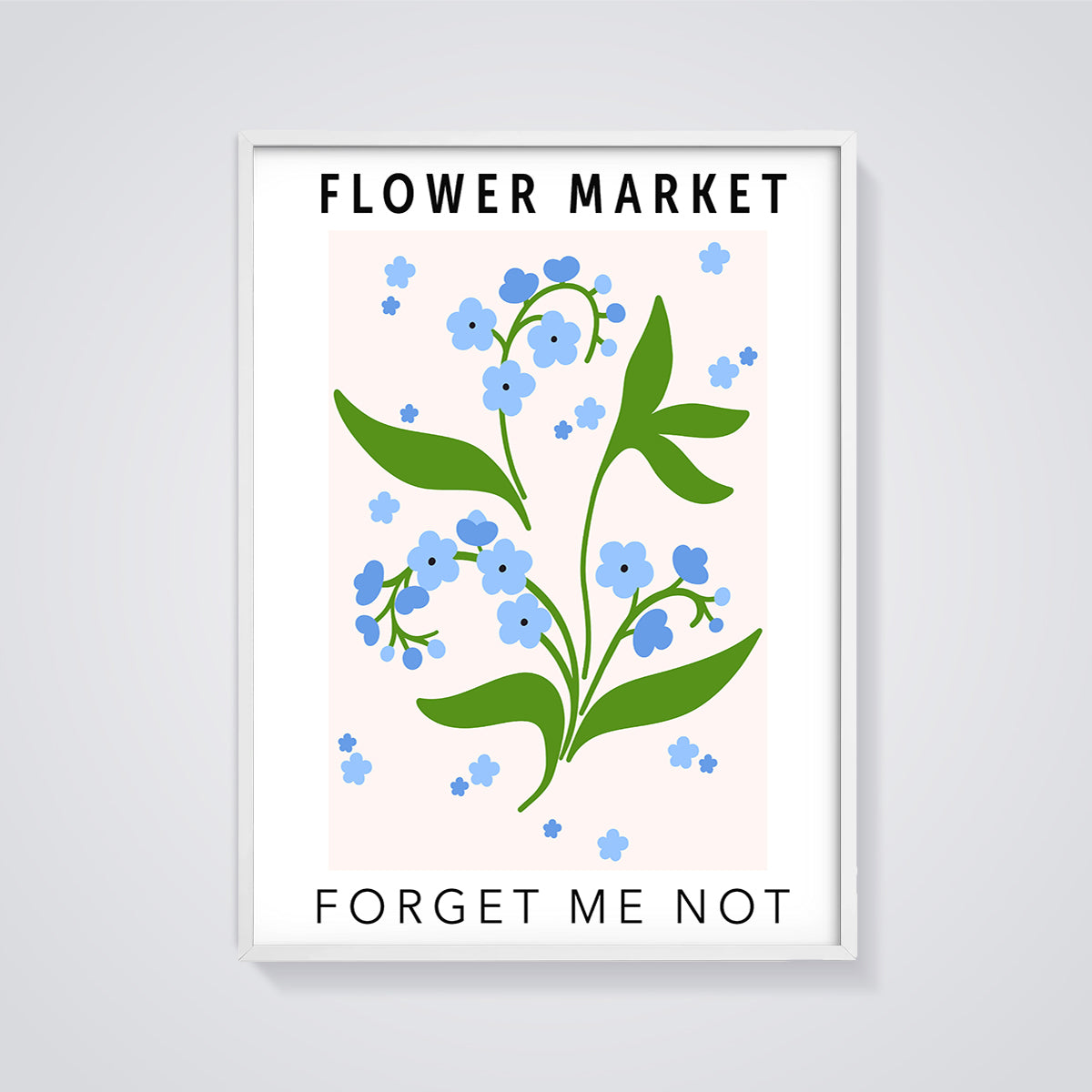 Flower Market Forget Me Not Print Aesthetic framed in white on a grey background