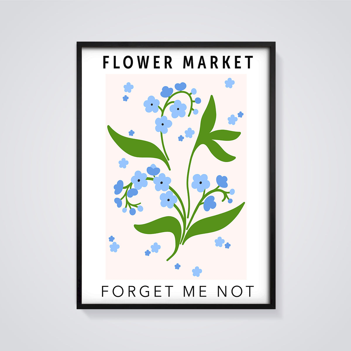 Flower Market Forget Me Not Print Aesthetic framed in black on a grey background