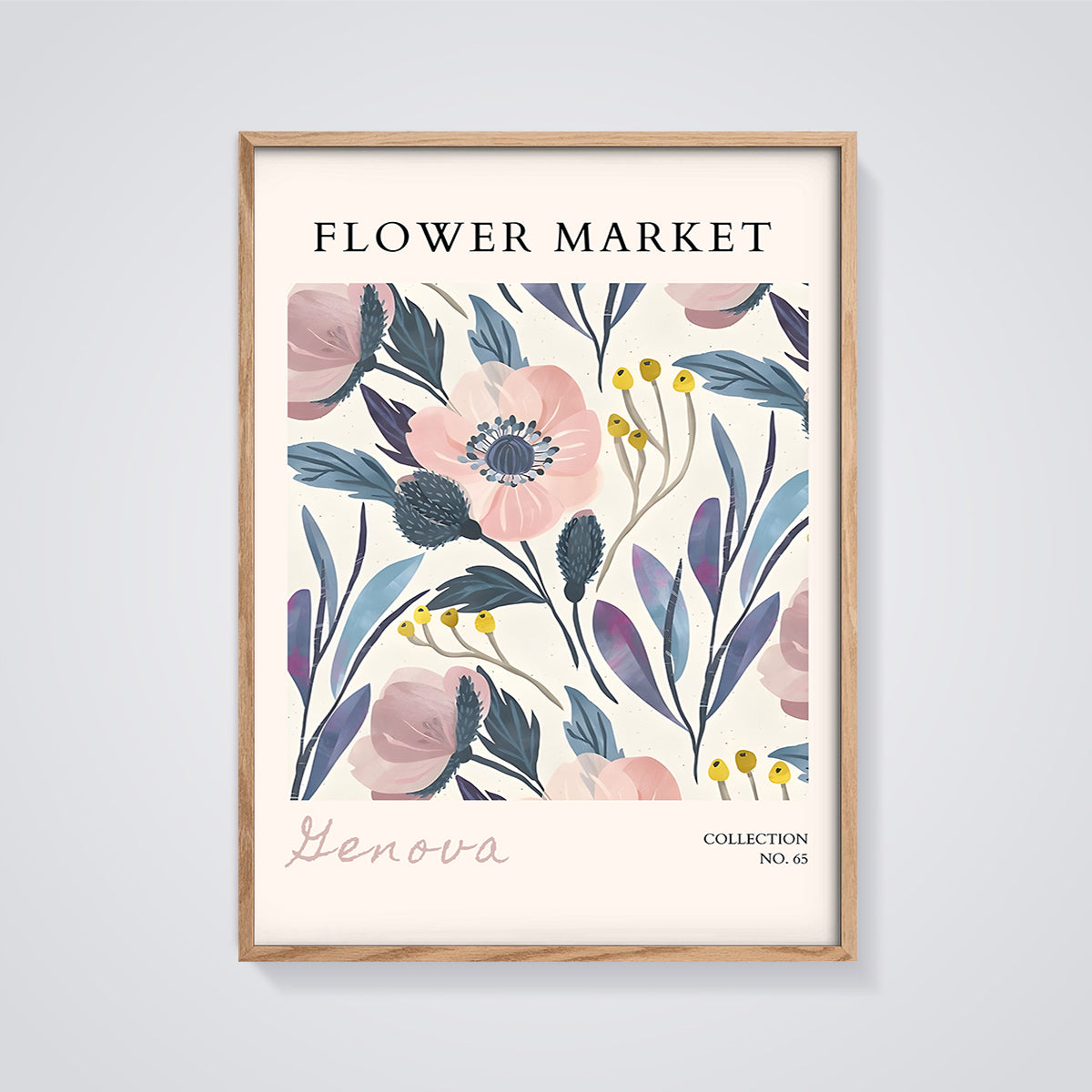 Flower Market Genova Floral Print framed in oak on a grey background