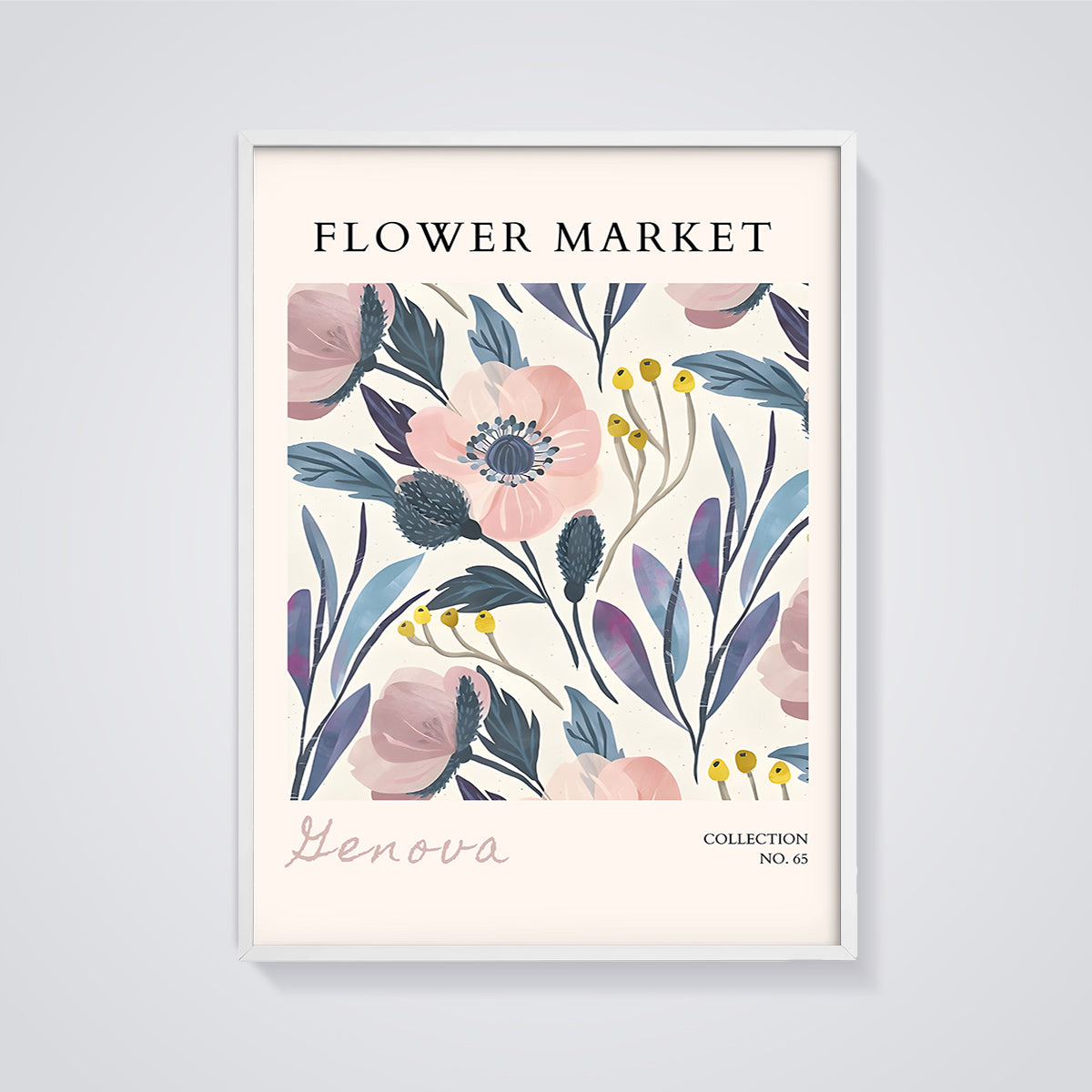 Flower Market Genova Floral Print framed in white on a grey background