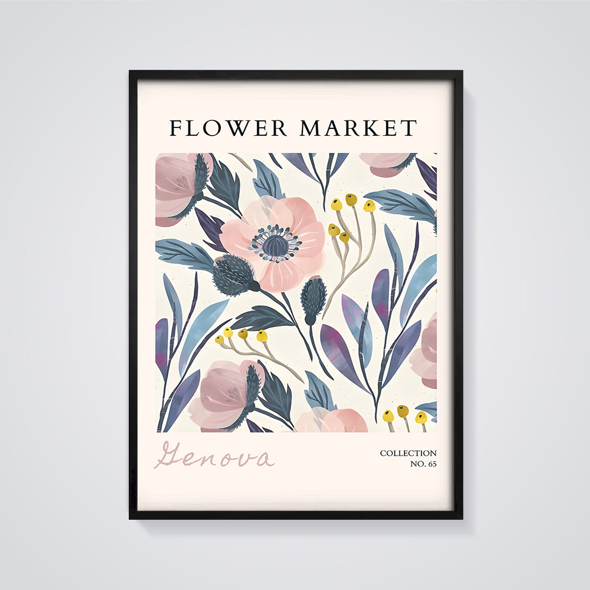 Flower Market Genova Floral Print framed in black on a grey background