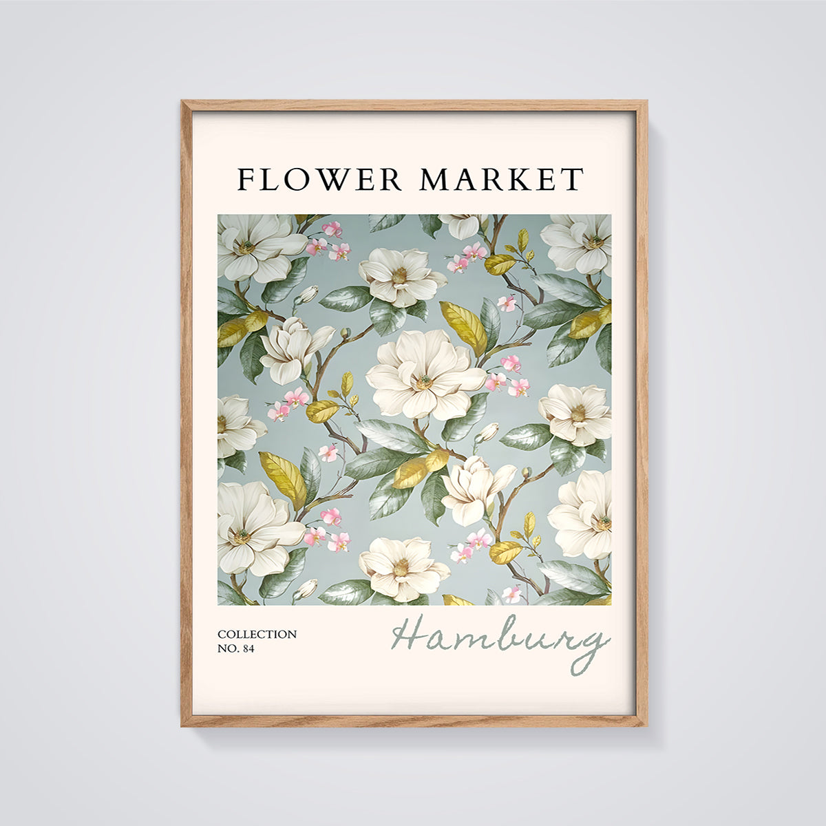 Flower Market Hamburg Print framed in oak on a grey background