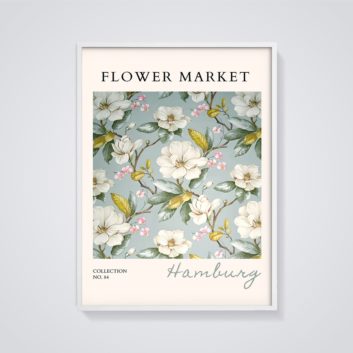 Flower Market Hamburg Print framed in white on a grey background