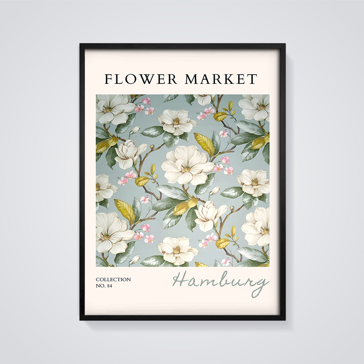 Flower Market Hamburg Print framed in black on a grey background