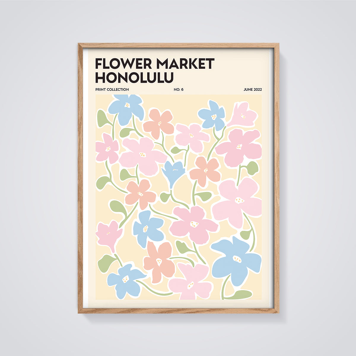 Flower Market Honolulu Floral Print framed in oak on a grey background