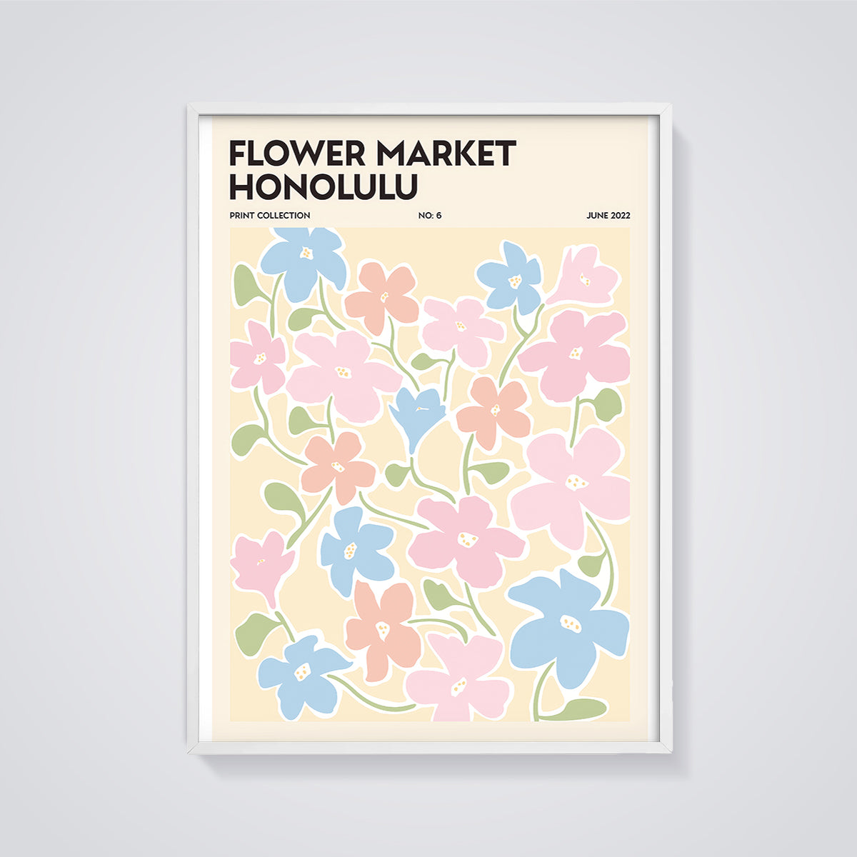 Flower Market Honolulu Floral Print framed in white on a grey background