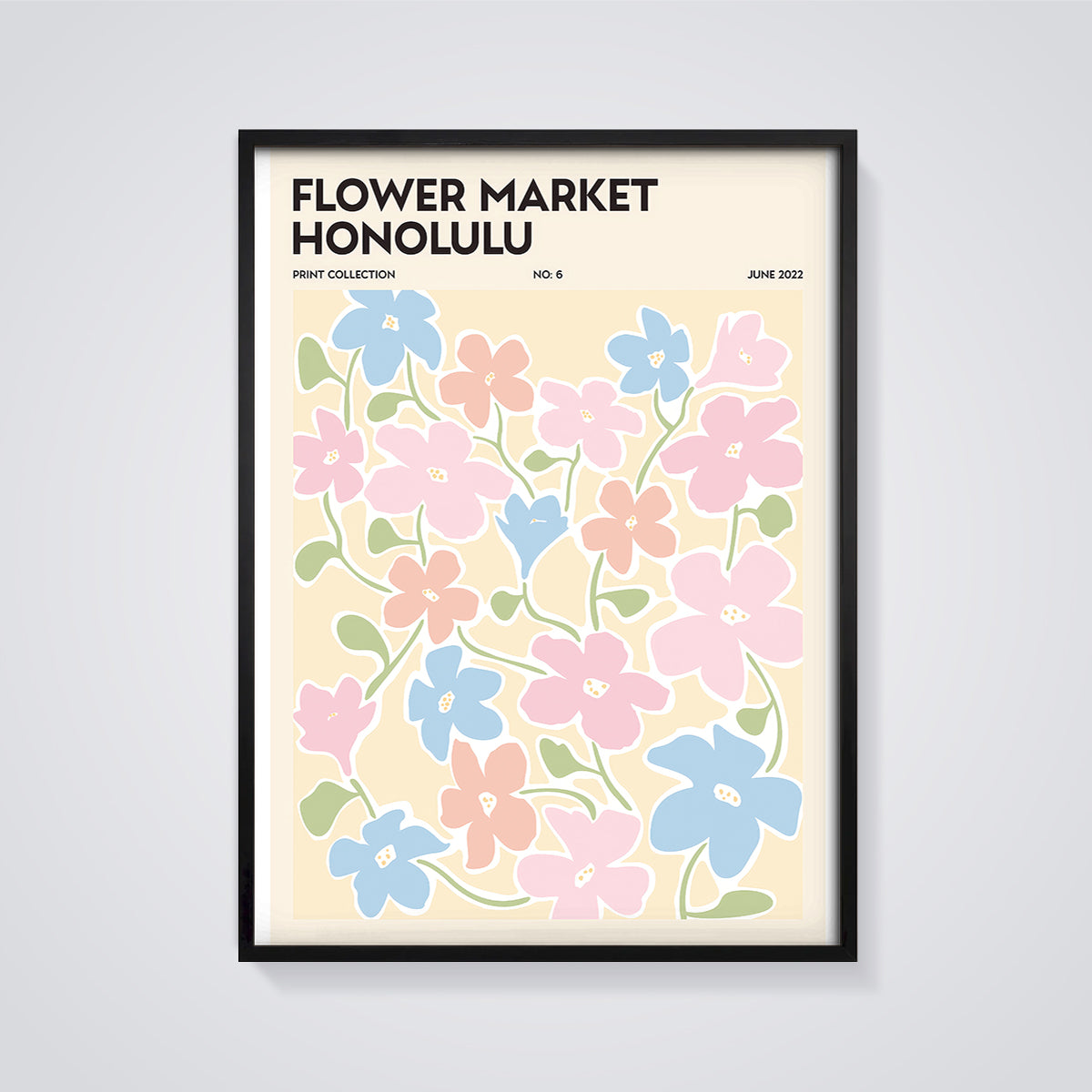 Flower Market Honolulu Floral Print framed in black on a grey background