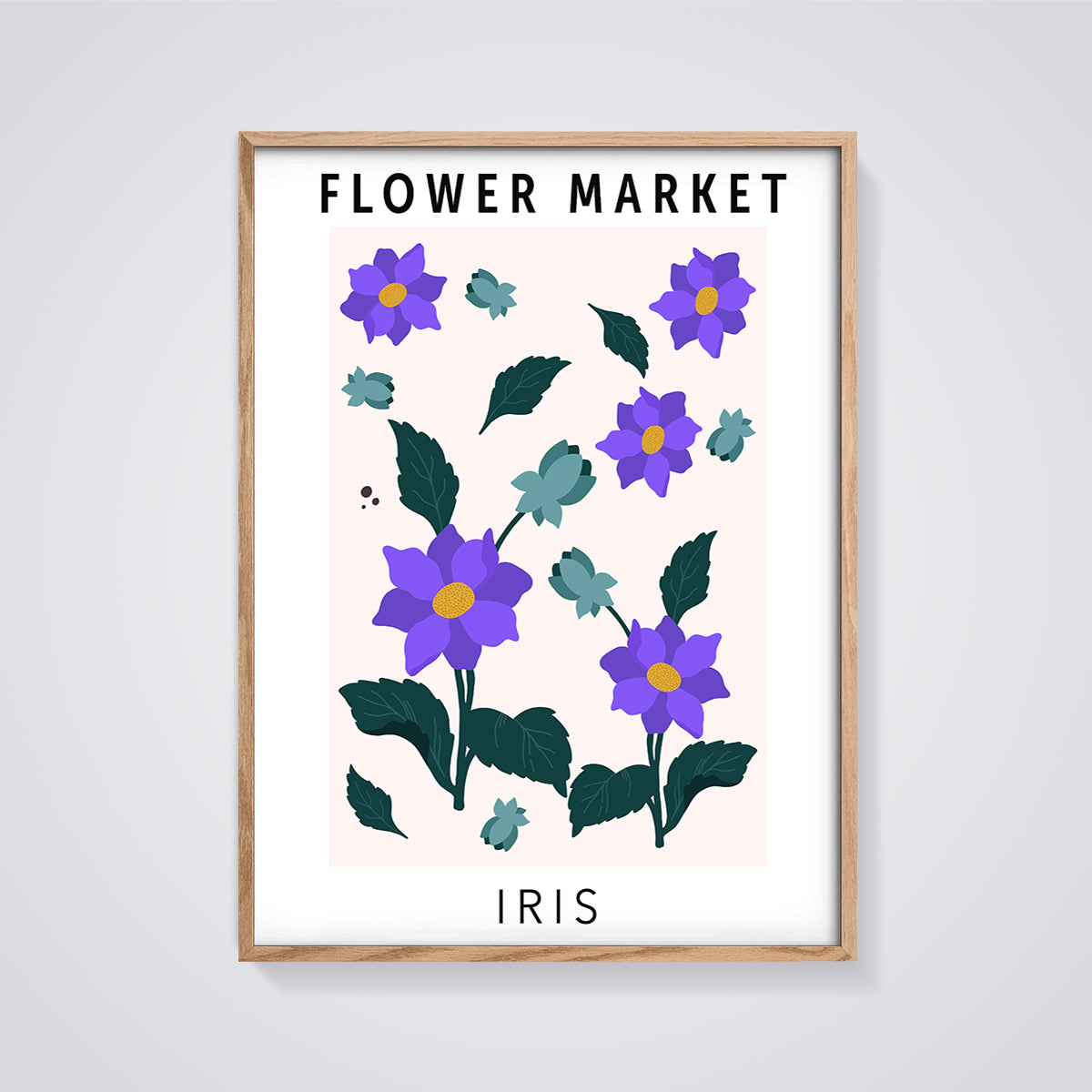 Flower Market Iris Print framed in oak on a grey background