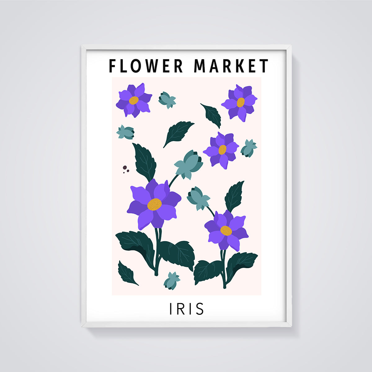 Flower Market Iris Print framed in white on a grey background