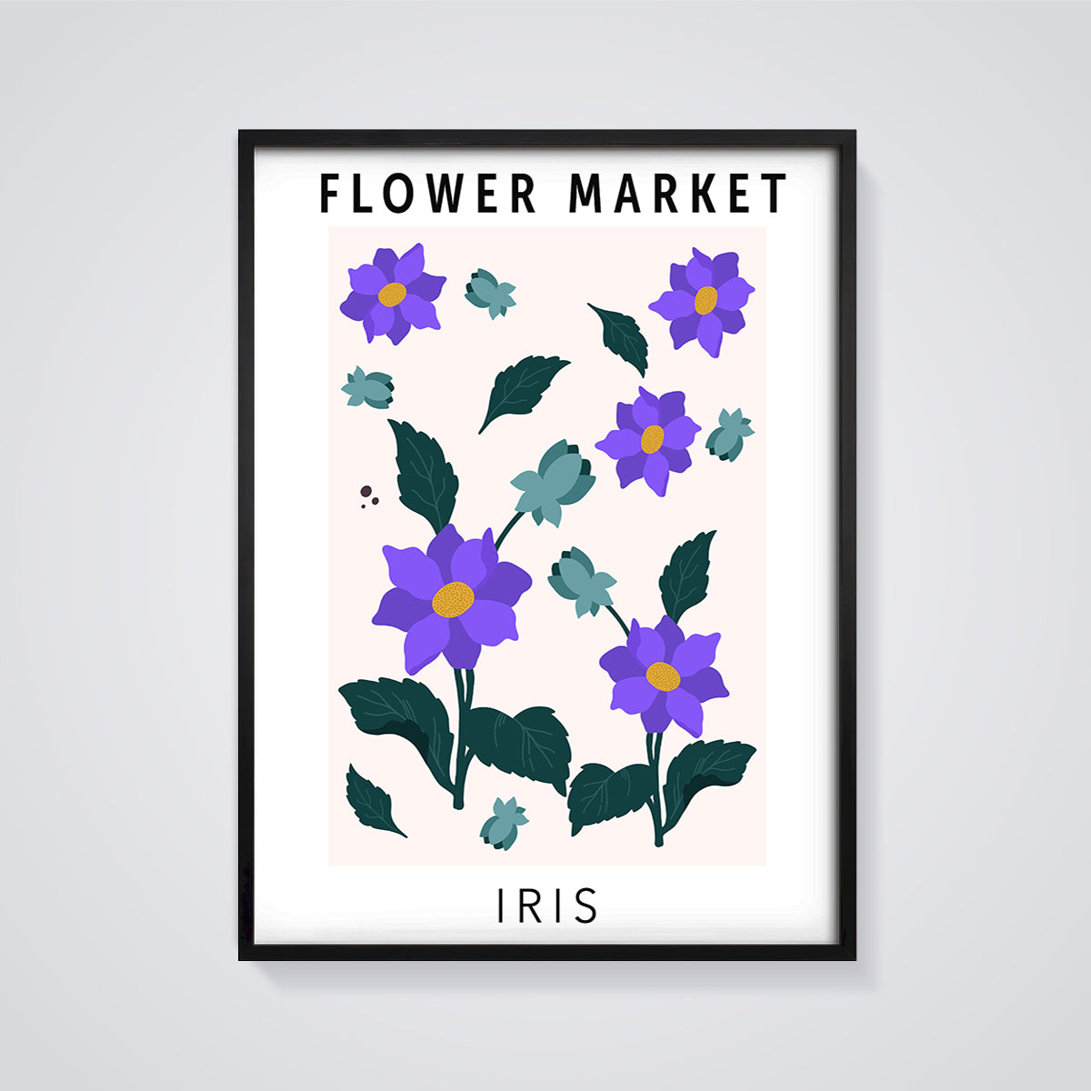 Flower Market Iris Print framed in black on a grey background