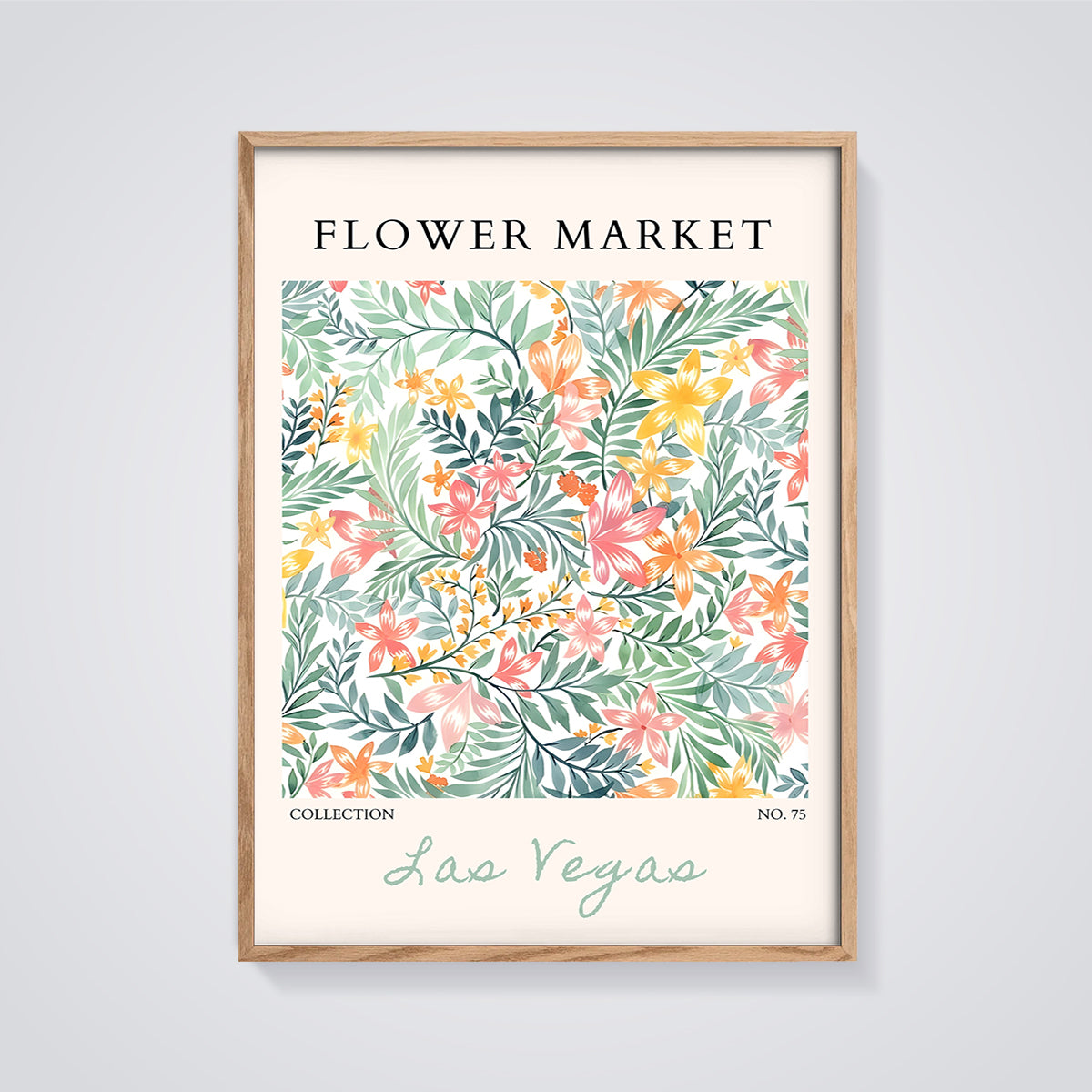 Flower Market Las Vegas Print framed in oak on a grey background