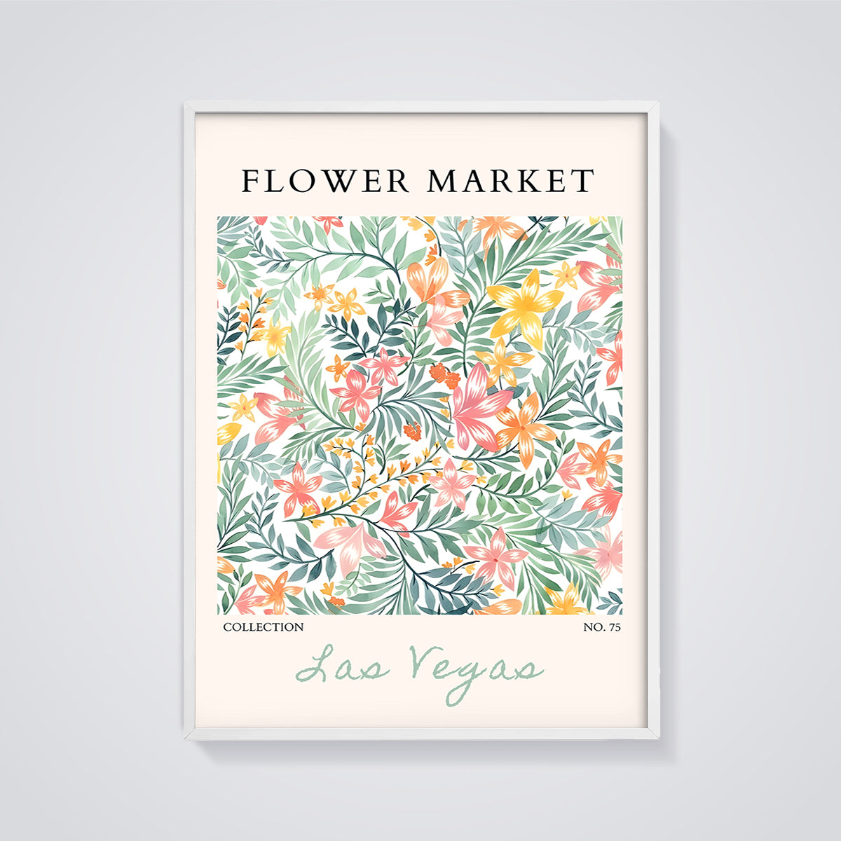 Flower Market Las Vegas Print framed in white on a grey background