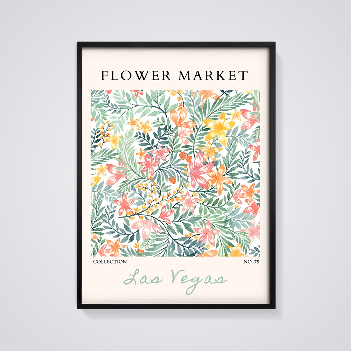 Flower Market Las Vegas Print framed in black on a grey background
