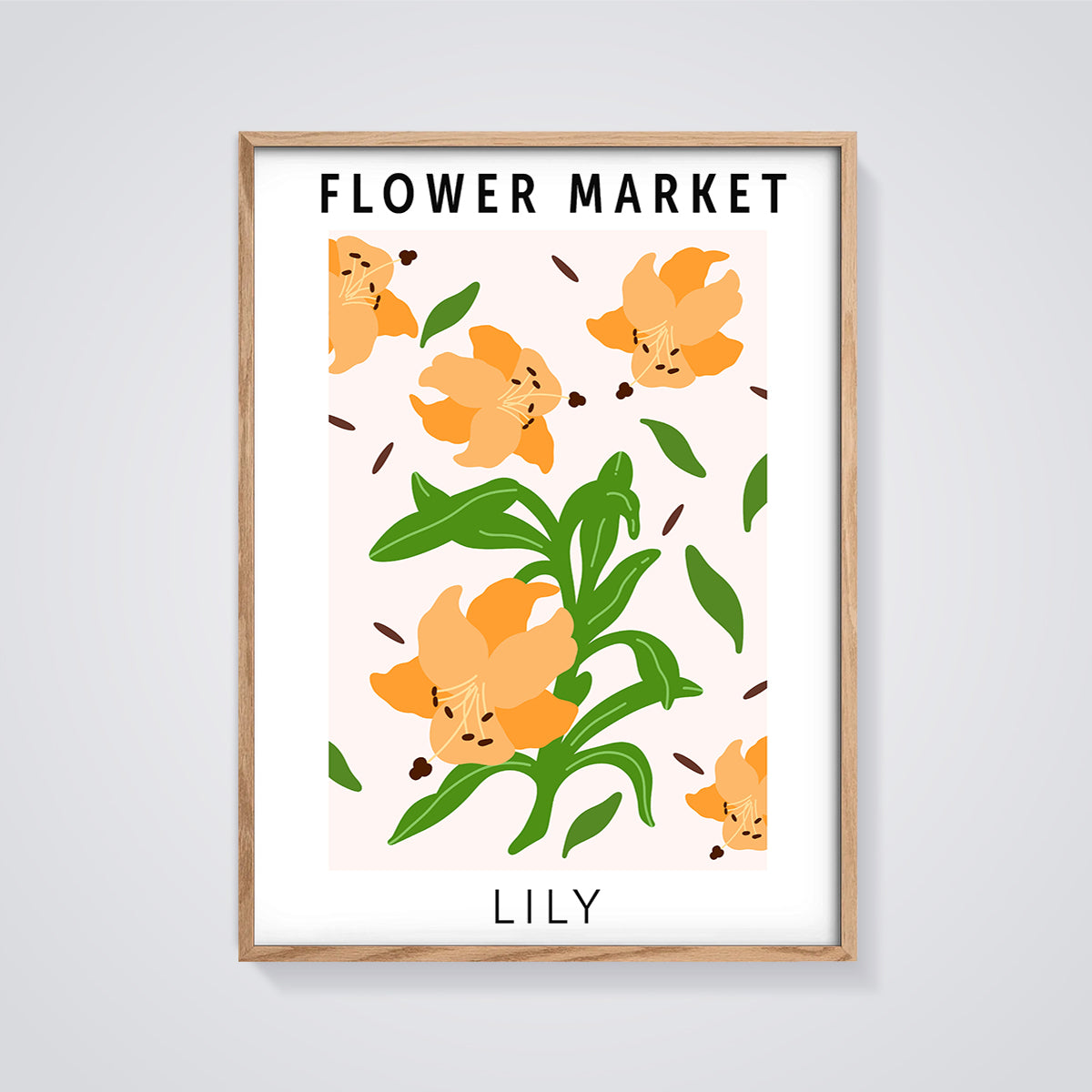Flower Market Lily Print framed in oak on a grey background