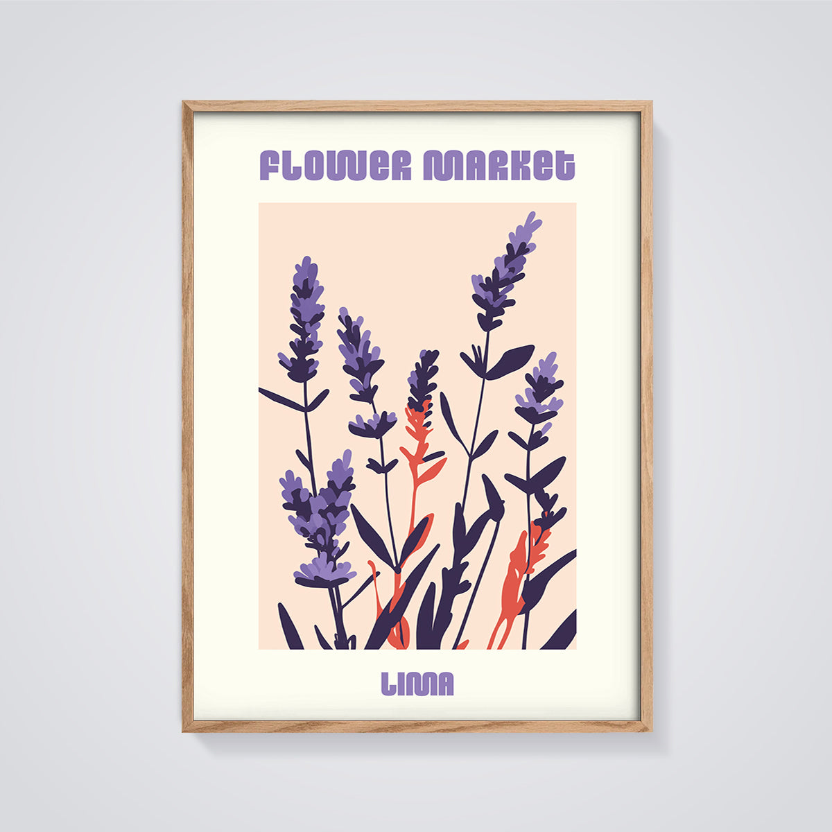 Flower Market Lima Lavender Print framed in oak on a grey background