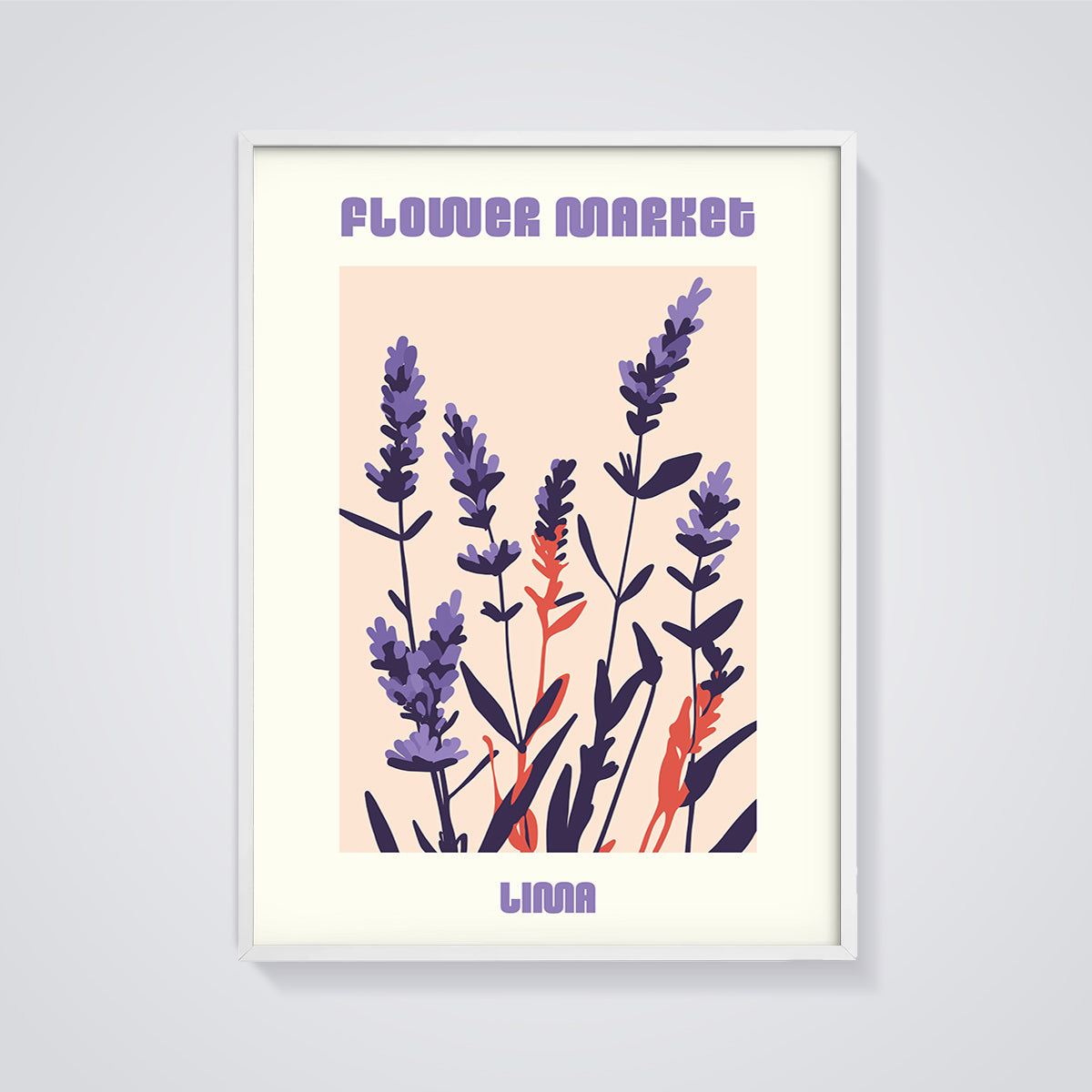 Flower Market Lima Lavender Print framed in white on a grey background