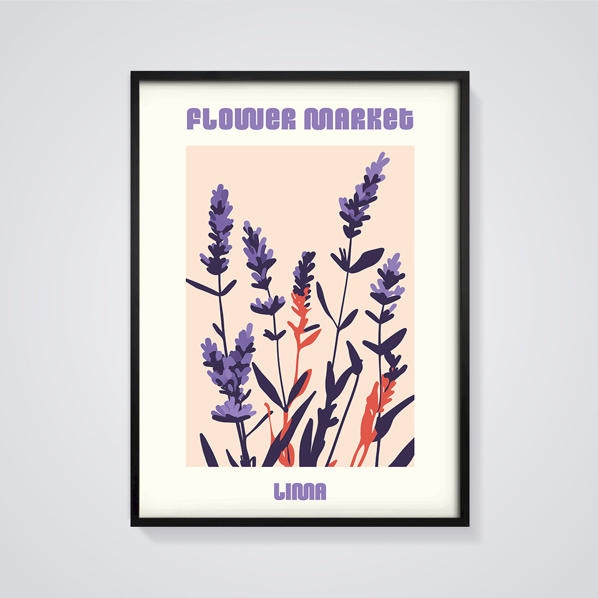 Flower Market Lima Lavender Print framed in black on a grey background