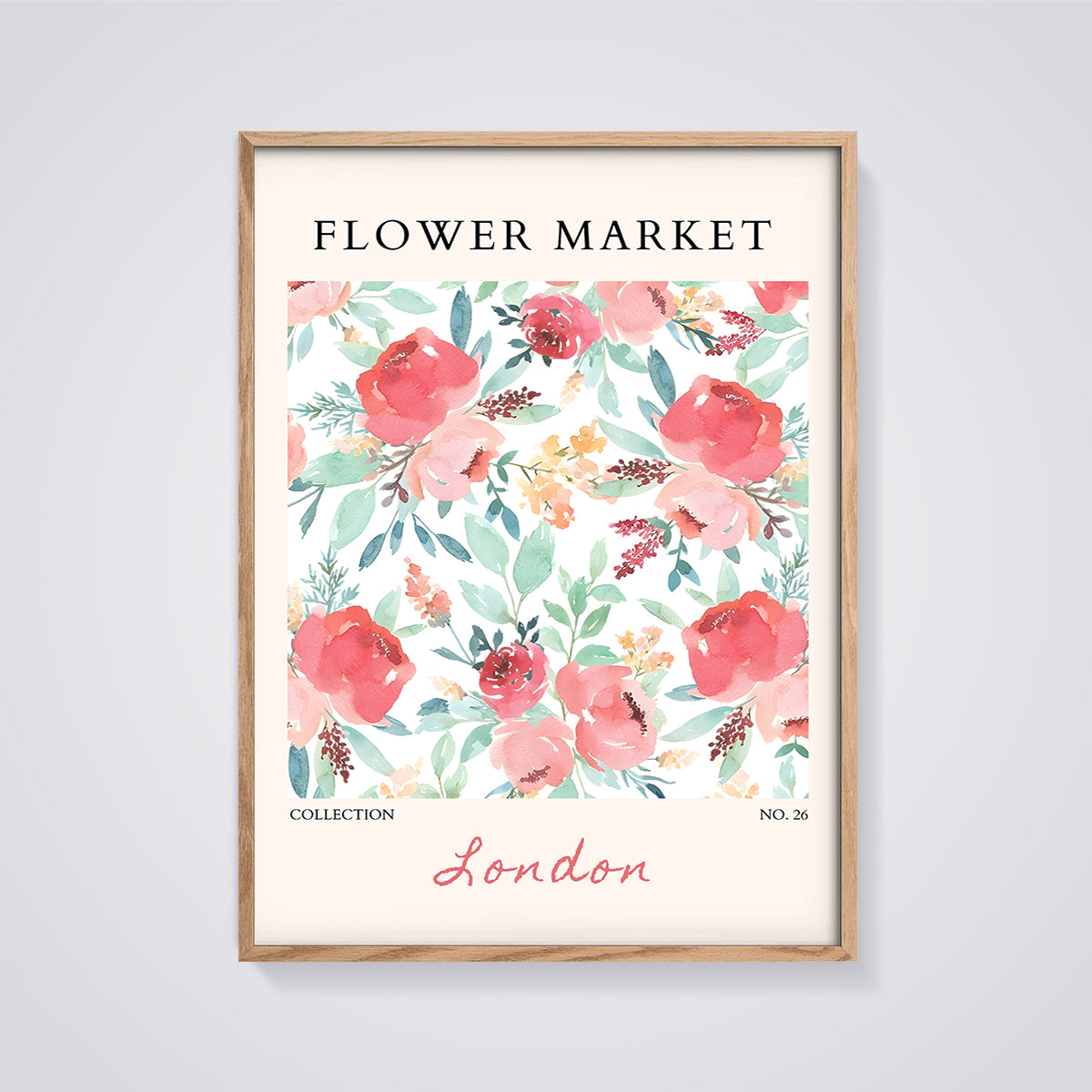 Flower Market London Floral Print framed in oak on a grey background