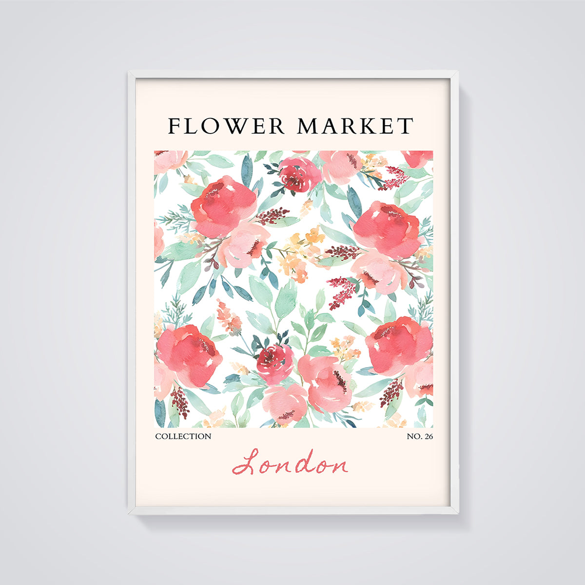 Flower Market London Floral Print framed in white on a grey background