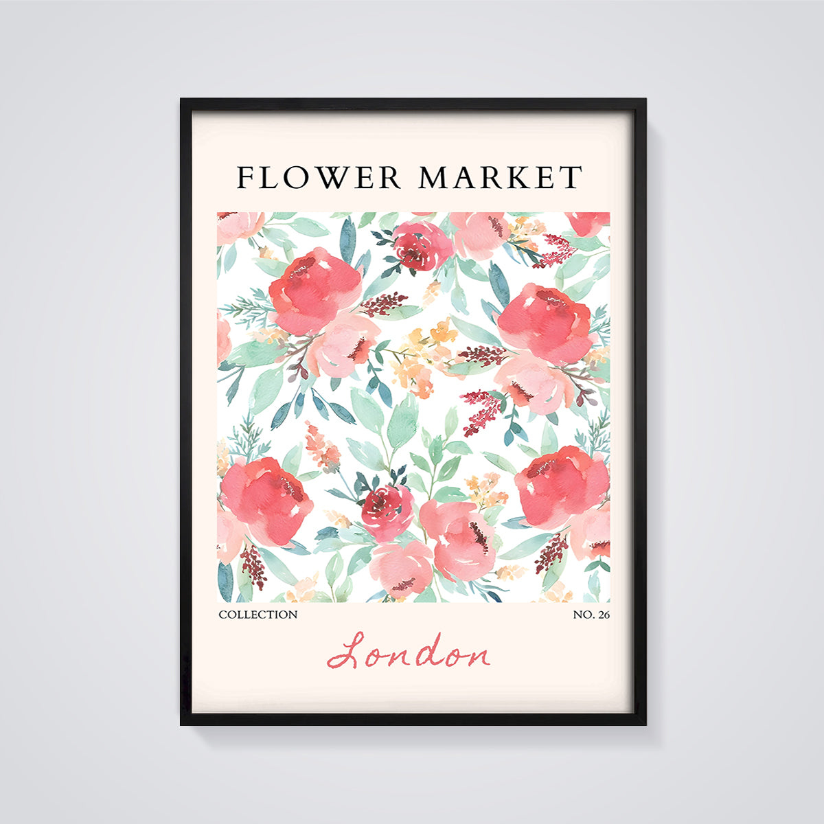 Flower Market London Floral Print framed in black on a grey background
