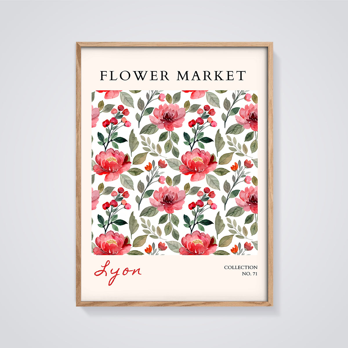 Flower Market Lyon Floral Print framed in oak on a grey background