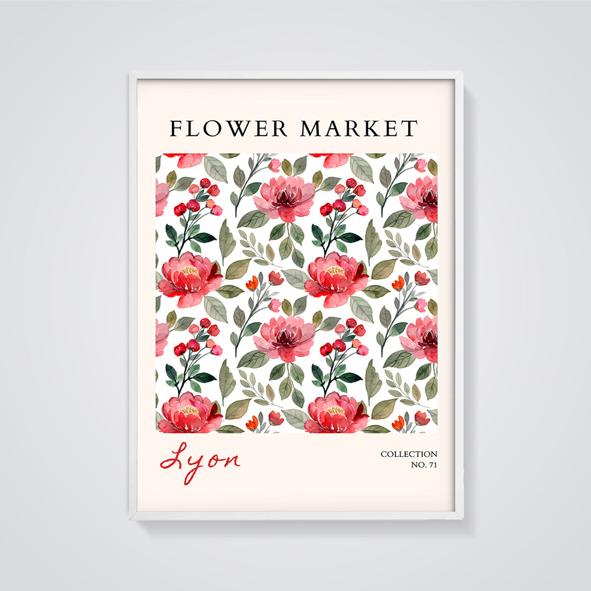 Flower Market Lyon Floral Print framed in white on a grey background