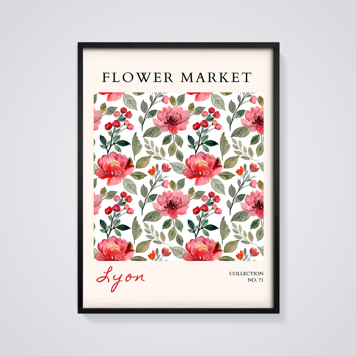 Flower Market Lyon Floral Print framed in black on a grey background