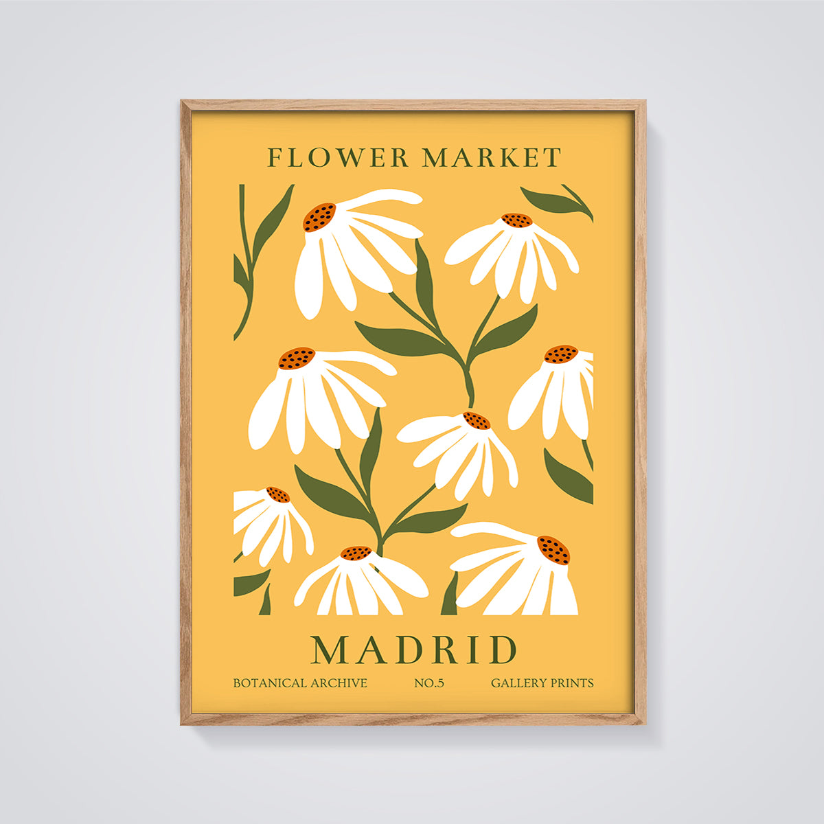 Flower Market Madrid Print framed in oak on a grey background
