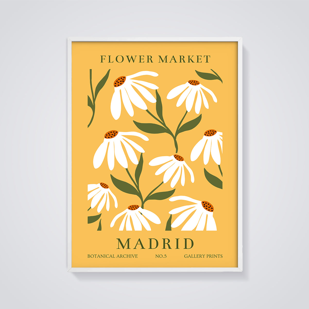 Flower Market Madrid Print framed in white on a grey background