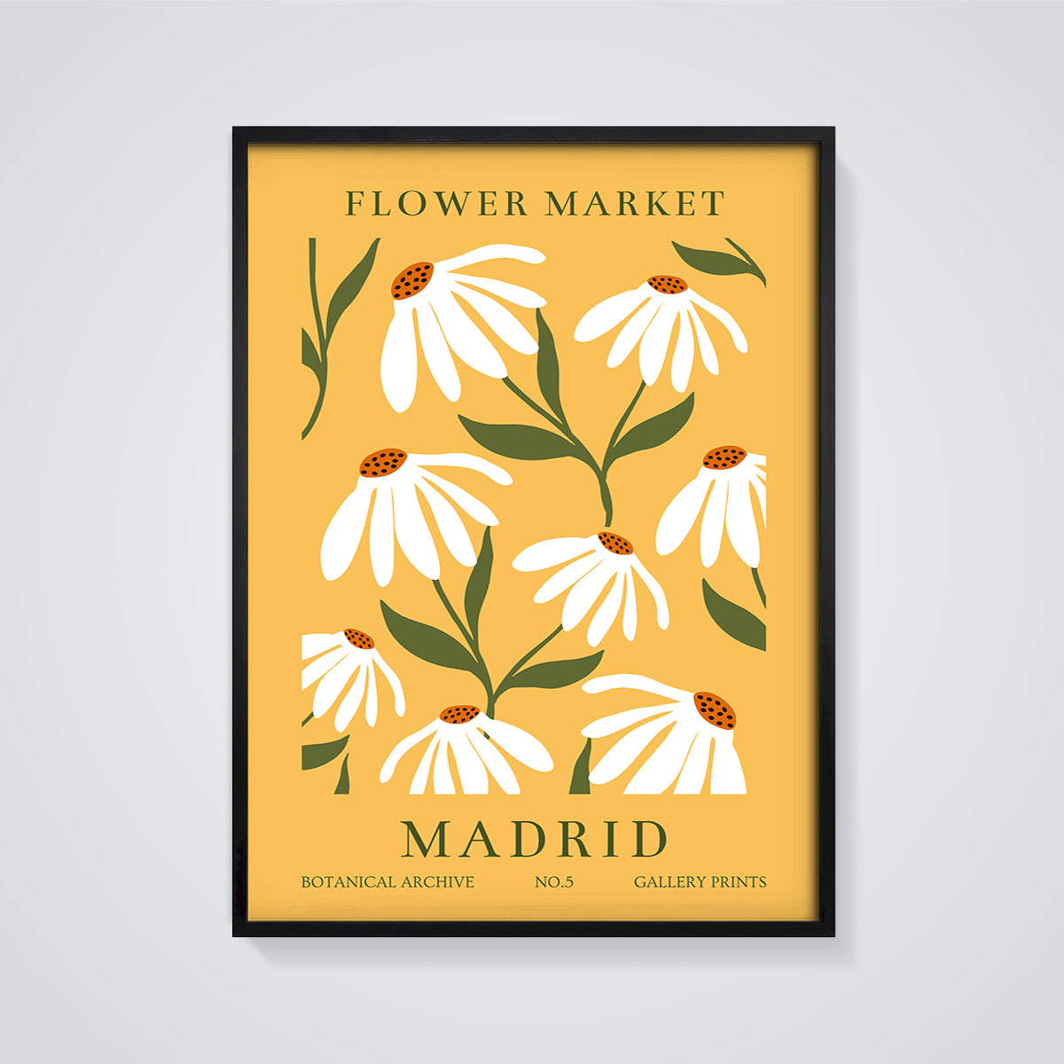 Flower Market Madrid Print framed in black on a grey background