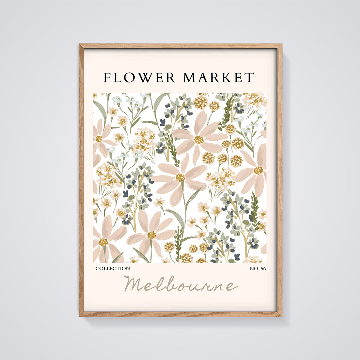 Flower Market Melbourne Print framed in oak on a grey background