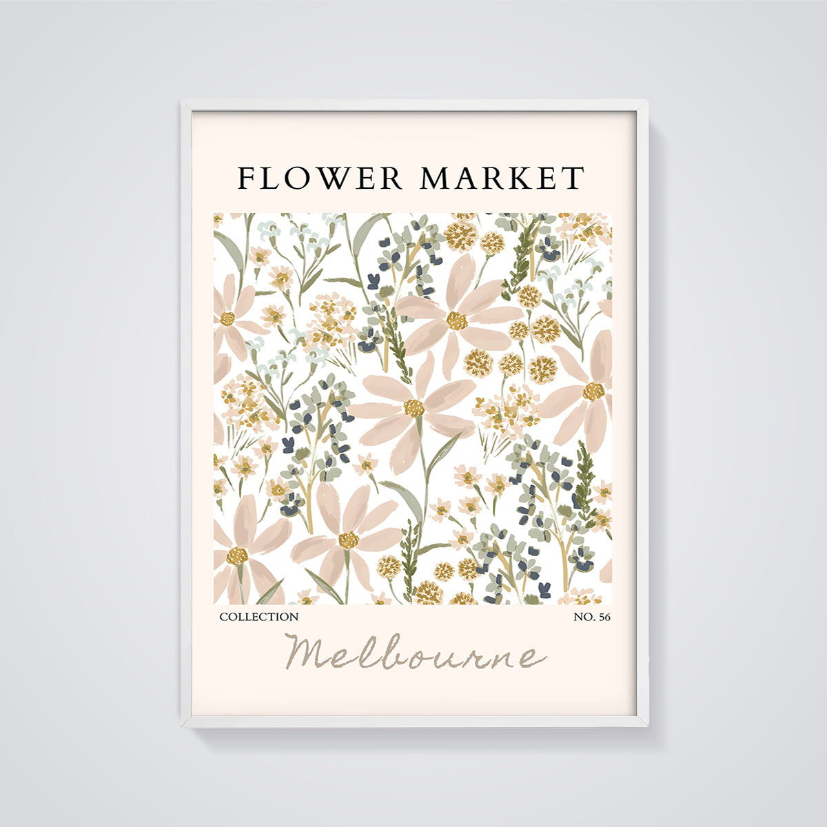 Flower Market Melbourne Print framed in white on a grey background