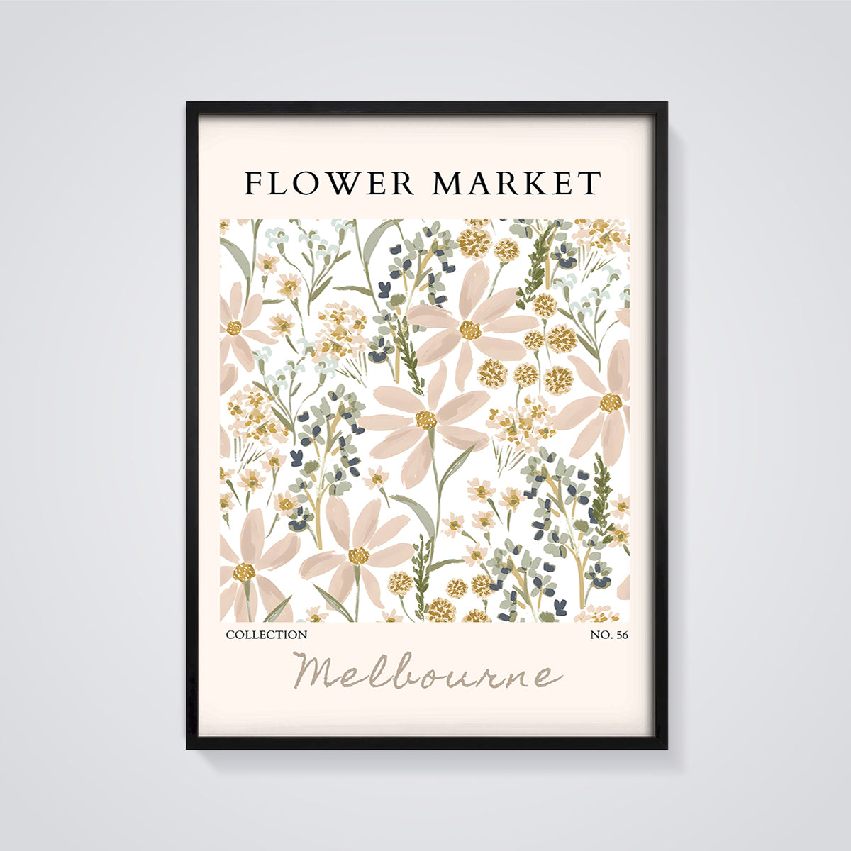 Flower Market Melbourne Print framed in black on a grey background
