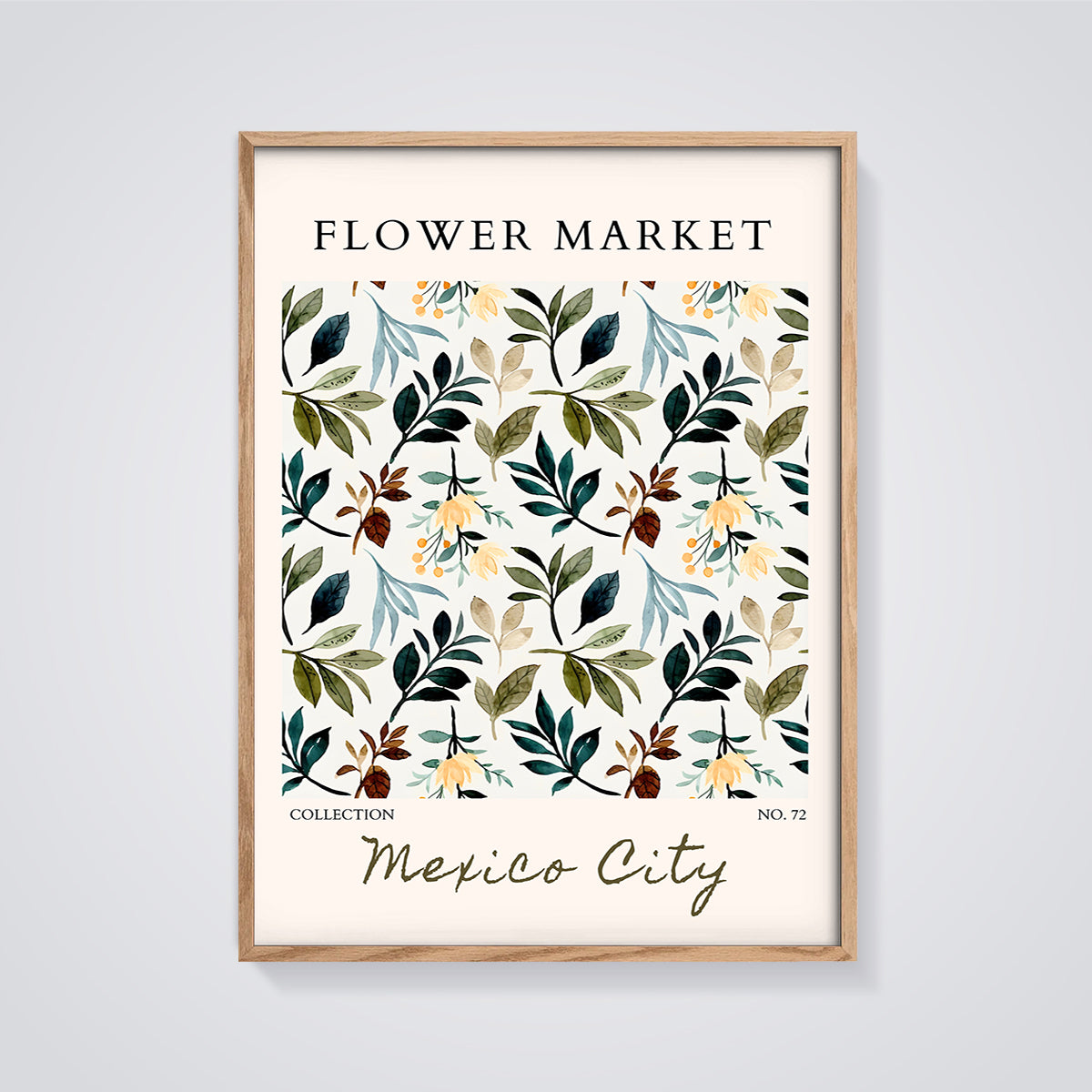 Flower Market Mexico City Floral Print framed in oak on a grey background