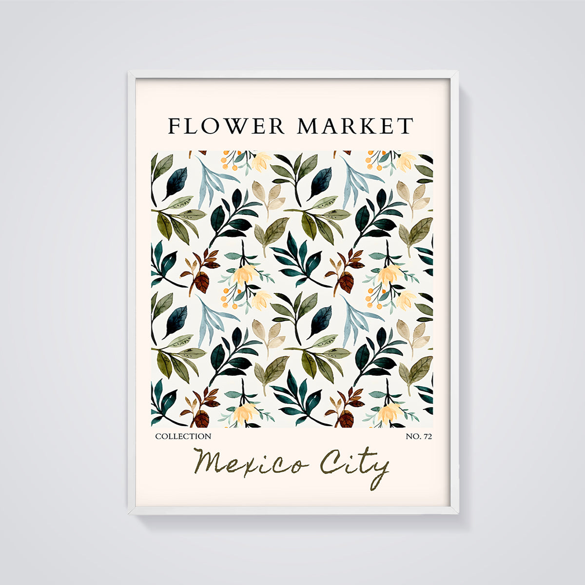 Flower Market Mexico City Floral Print framed in white on a grey background