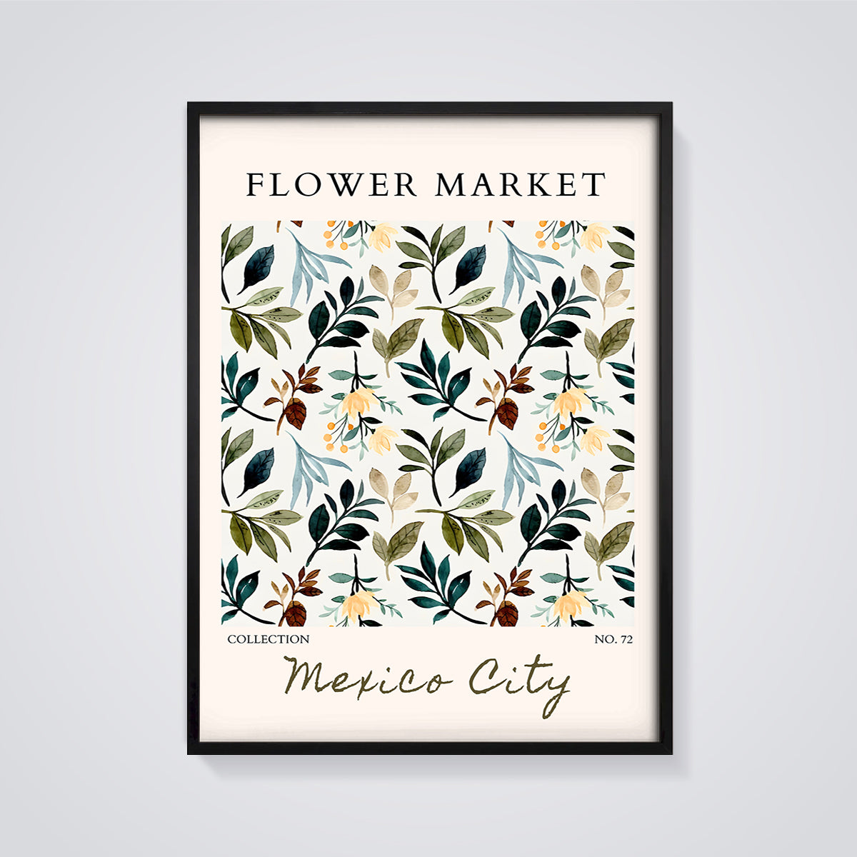 Flower Market Mexico City Floral Print framed in black on a grey background