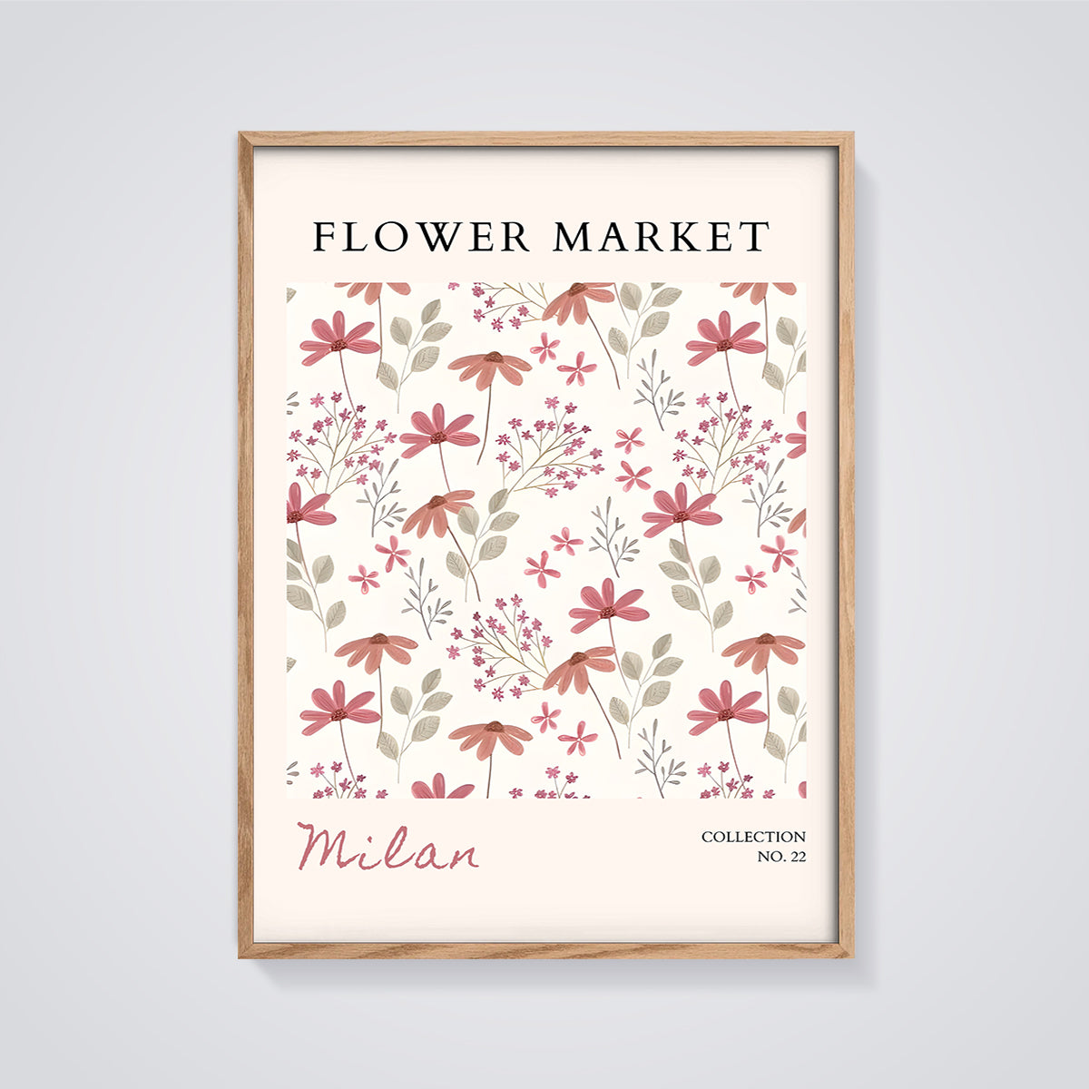 Flower Market Milan Print framed in oak on a grey background