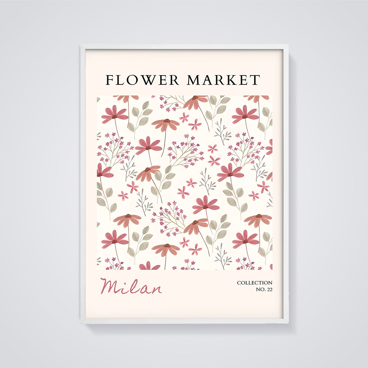 Flower Market Milan Print framed in white on a grey background