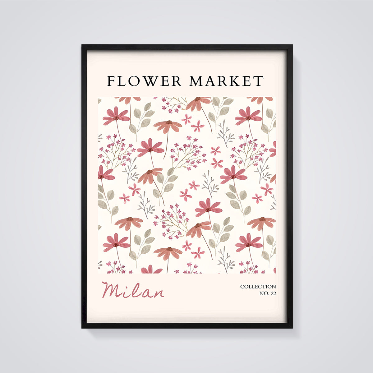 Flower Market Milan Print framed in black on a grey background