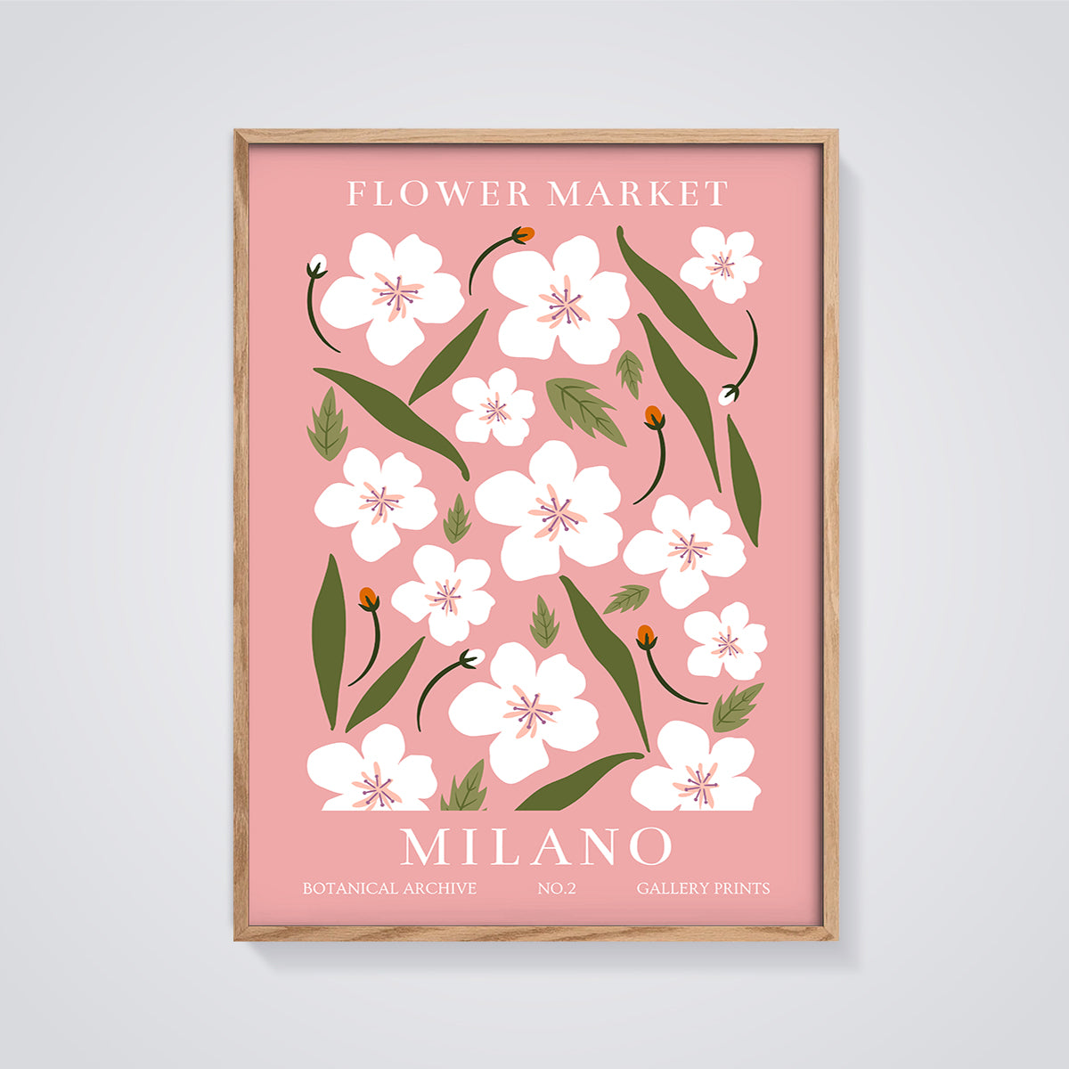 Flower Market Milano Botanical Print framed in oak on a grey background